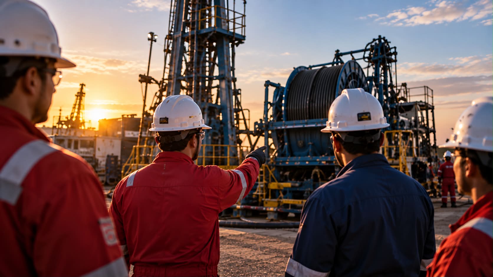 Crew reviewing the location before a job at sunset