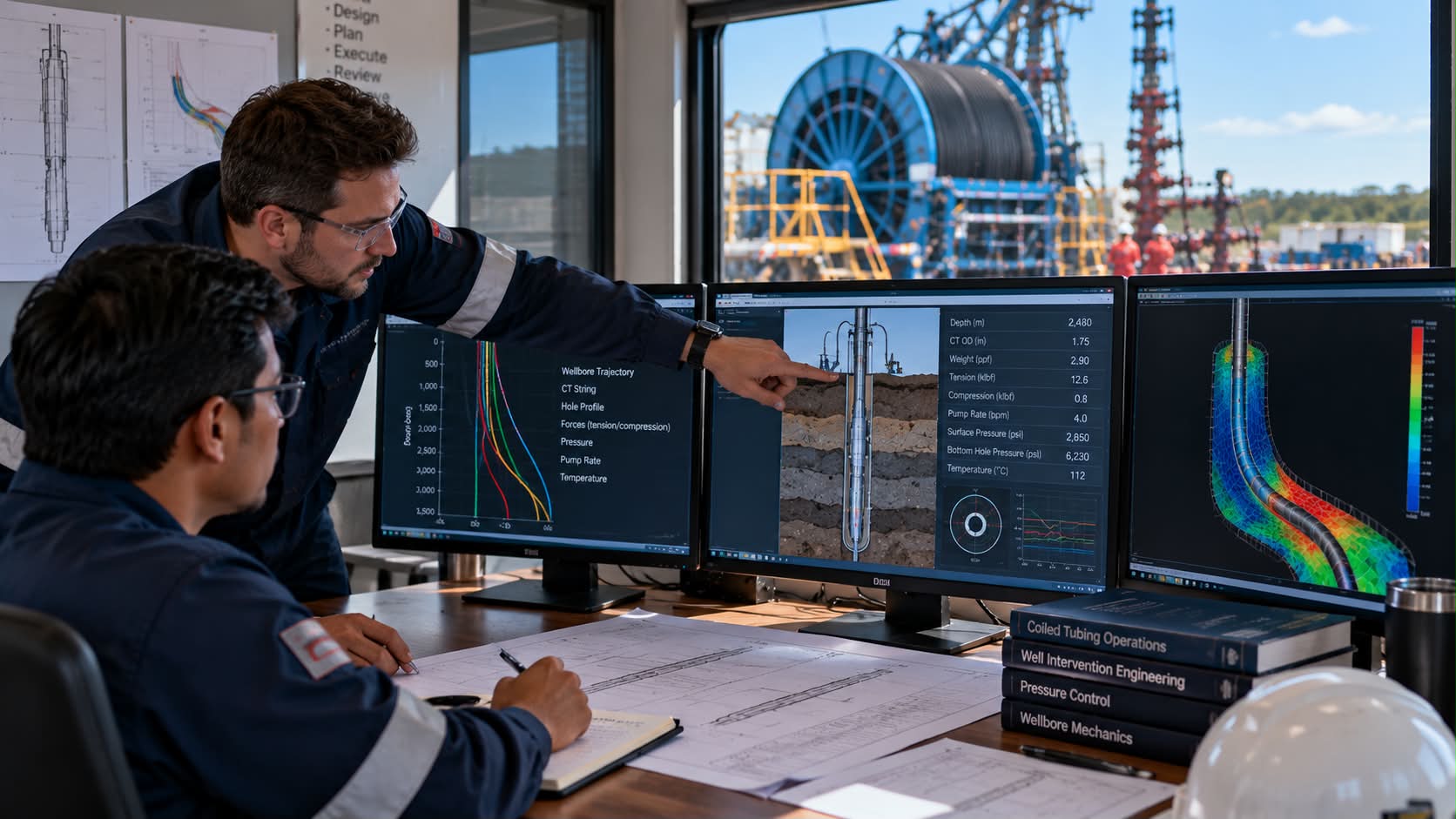 Engineers reviewing a coiled tubing forces and hydraulics model