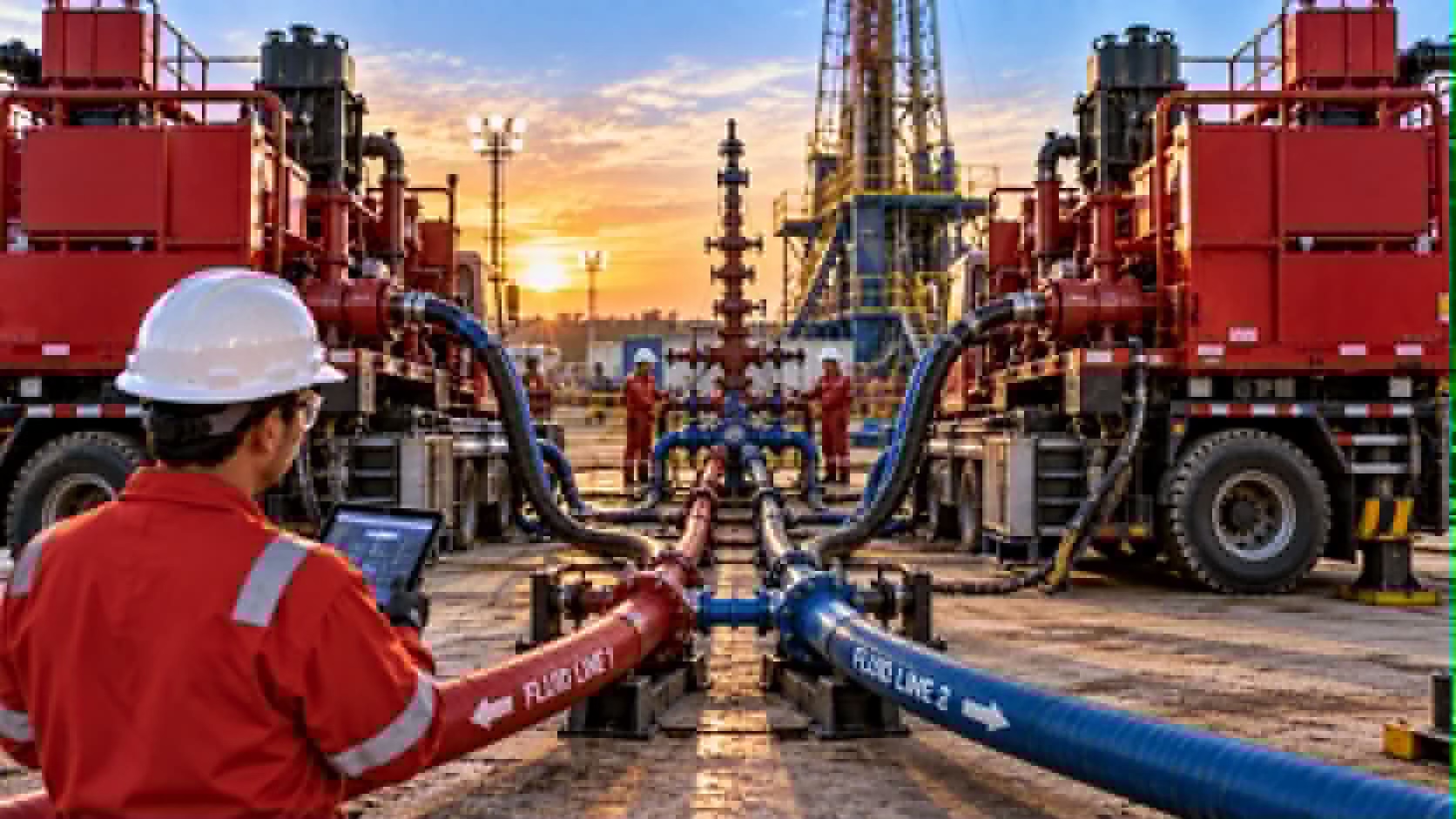 Pump units and fluid lines rigged to the wellhead