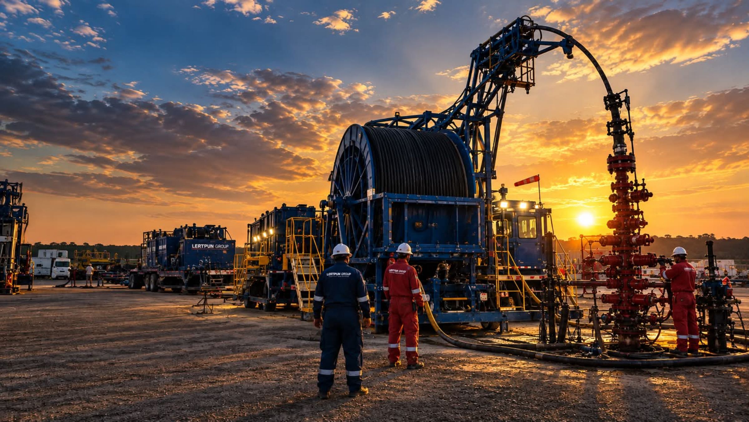 Coiled tubing unit rigged up to a wellhead at sunset, with crew on location
